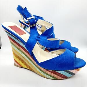 Y2K FRH Royal Blue Multicolor Open Toe Cutout Faux Suede Wedges Women’s Size 9